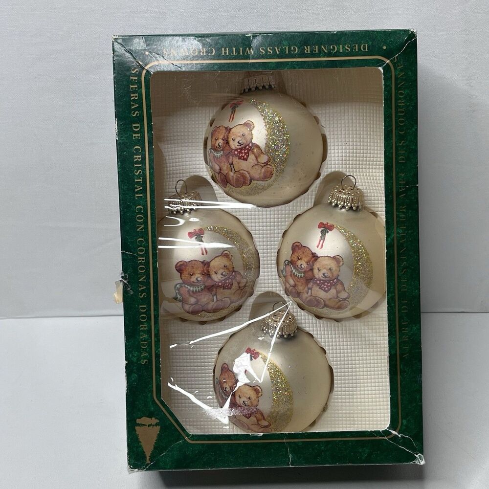 4 Christmas by Krebs Teddy Bear Glass Ornaments USA Vintage 2.5"D Glitter